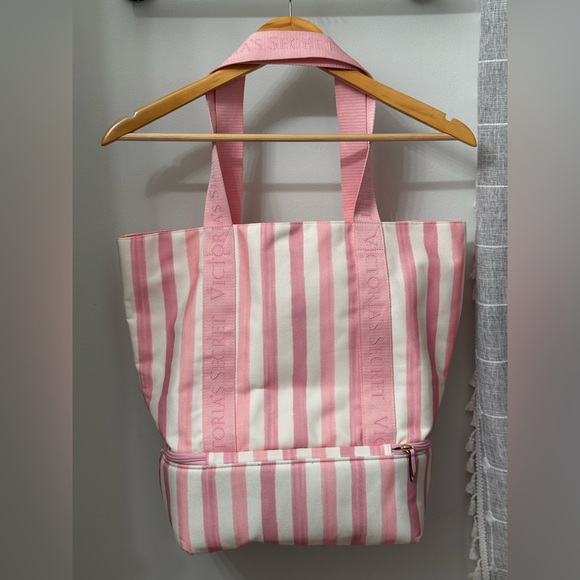 NWOT Victoria’s Secret Large Pink Striped Cooler Compartment Tote Bag - Picture 3 of 7